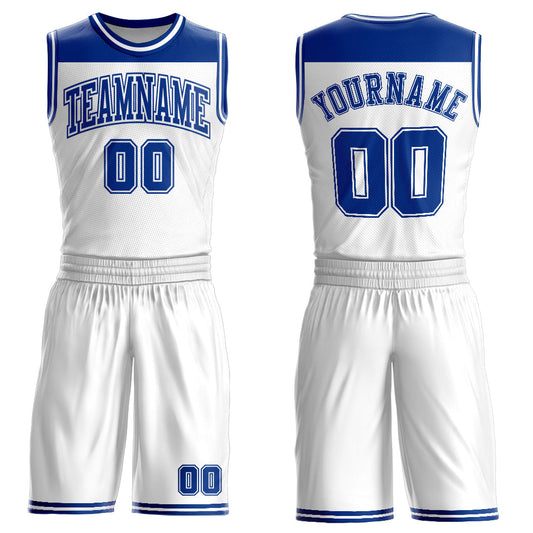 Custom White Royal Color Block Round Neck Sublimation Basketball Suit Jersey - Sky-Custom