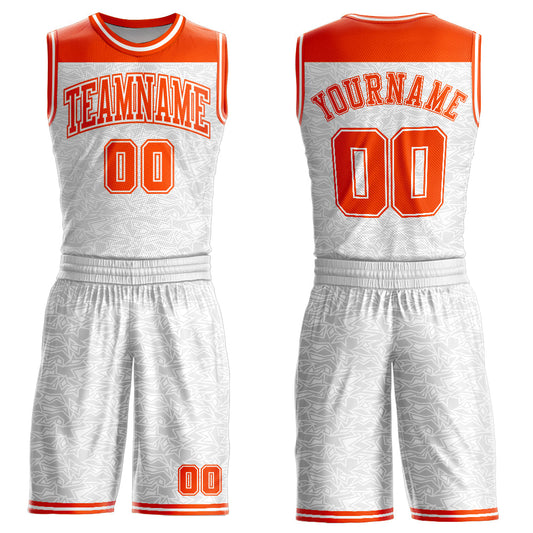 Custom White Orange Color Block Round Neck Sublimation Basketball Suit Jersey - Sky-Custom