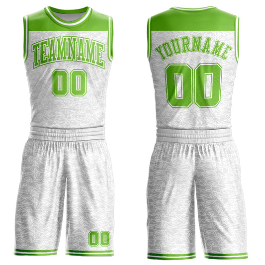 Custom White Neon Green Color Block Round Neck Sublimation Basketball Suit Jersey - Sky-Custom
