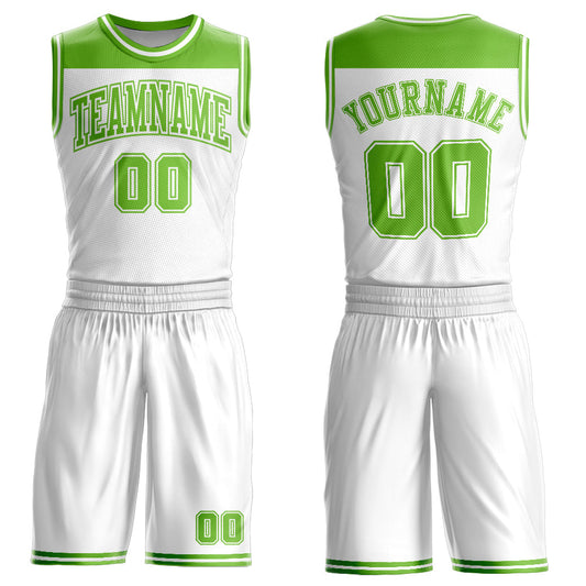 Custom White Neon Green Color Block Round Neck Sublimation Basketball Suit Jersey - Sky-Custom