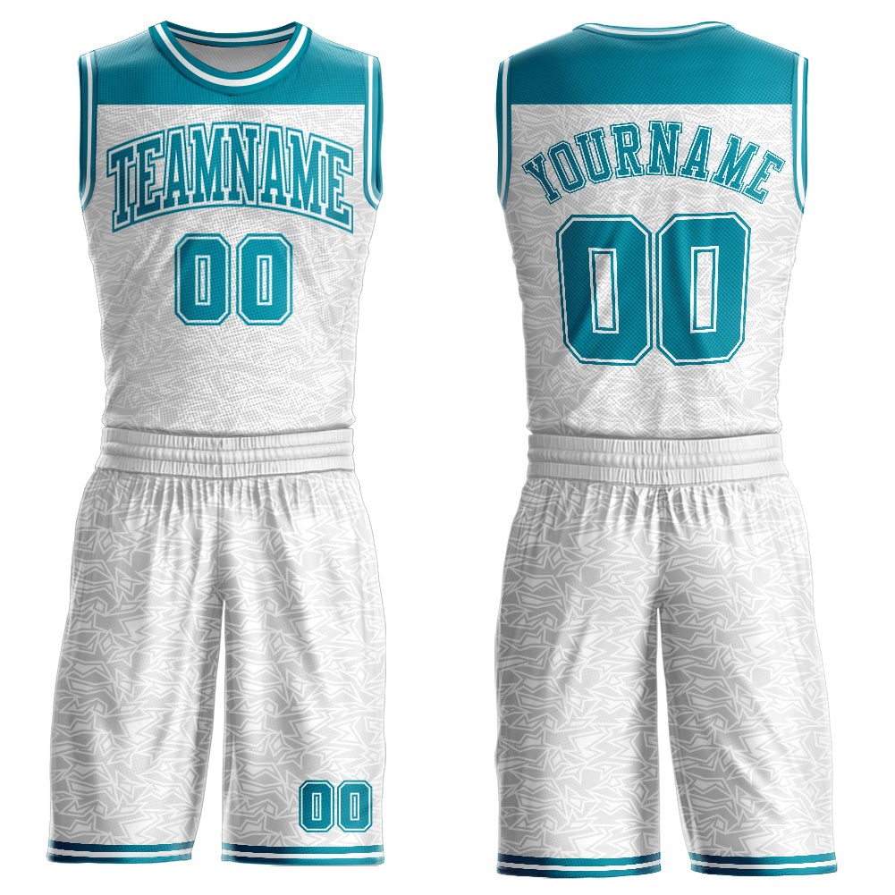 Custom White Teal Color Block Round Neck Sublimation Basketball Suit Jersey - Sky-Custom