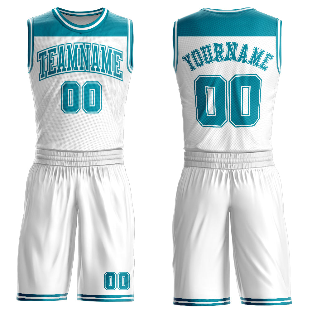 Custom White Teal Color Block Round Neck Sublimation Basketball Suit Jersey - Sky-Custom
