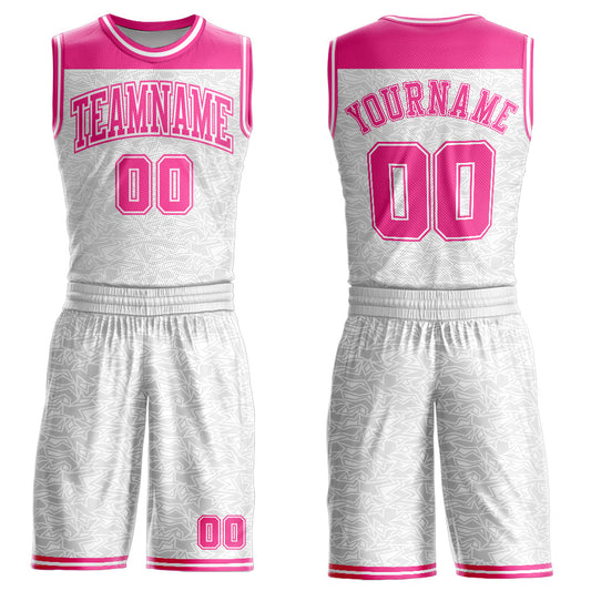 Custom White Pink Color Block Round Neck Sublimation Basketball Suit Jersey - Sky-Custom