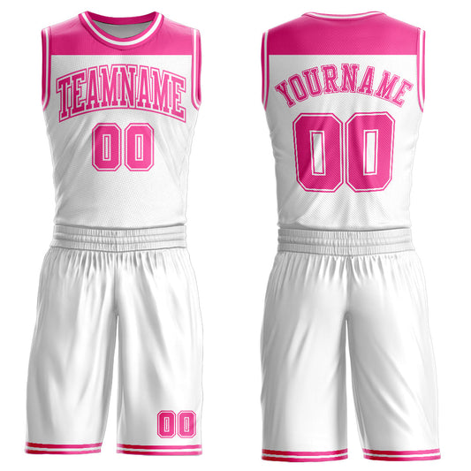 Custom White Pink Color Block Round Neck Sublimation Basketball Suit Jersey - Sky-Custom