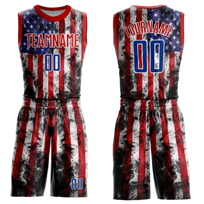 Custom White Royal-Red American Flag Fashion Round Neck Sublimation Basketball Suit Jersey - Sky-Custom