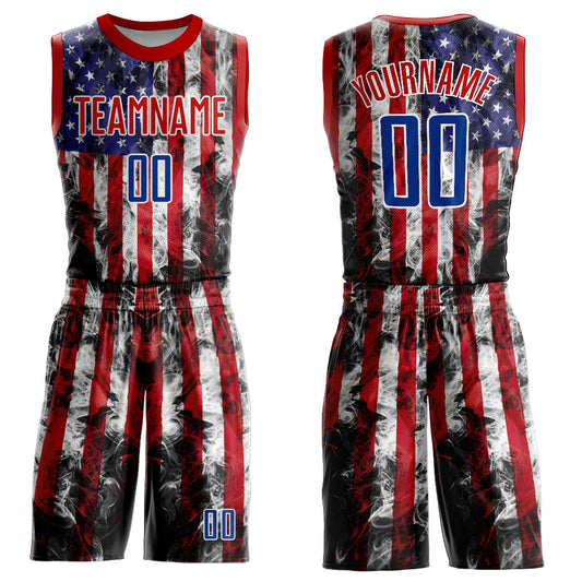 Custom White Royal-Red American Flag Fashion Round Neck Sublimation Basketball Suit Jersey - Sky-Custom