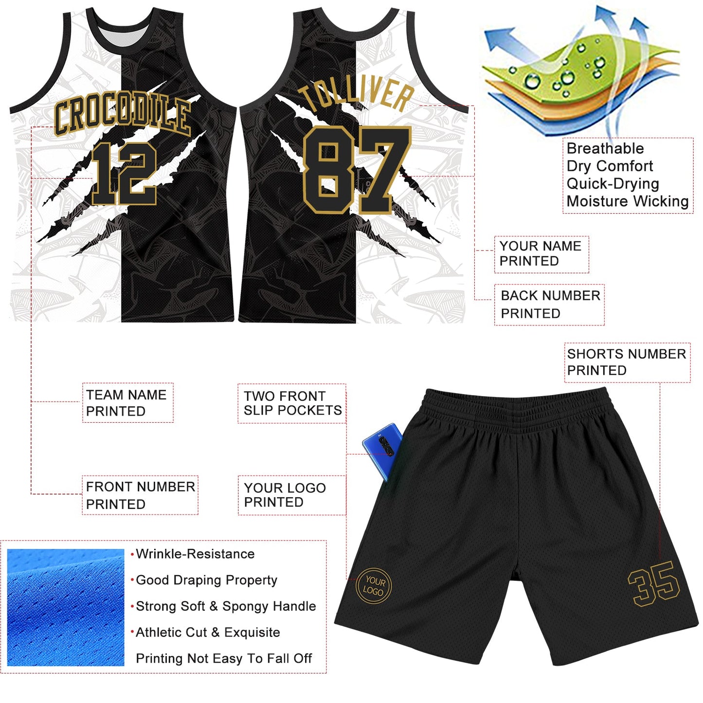 Custom Graffiti Pattern Black Old Gold-White Scratch Round Neck Sublimation Basketball Suit Jersey - Sky-Custom