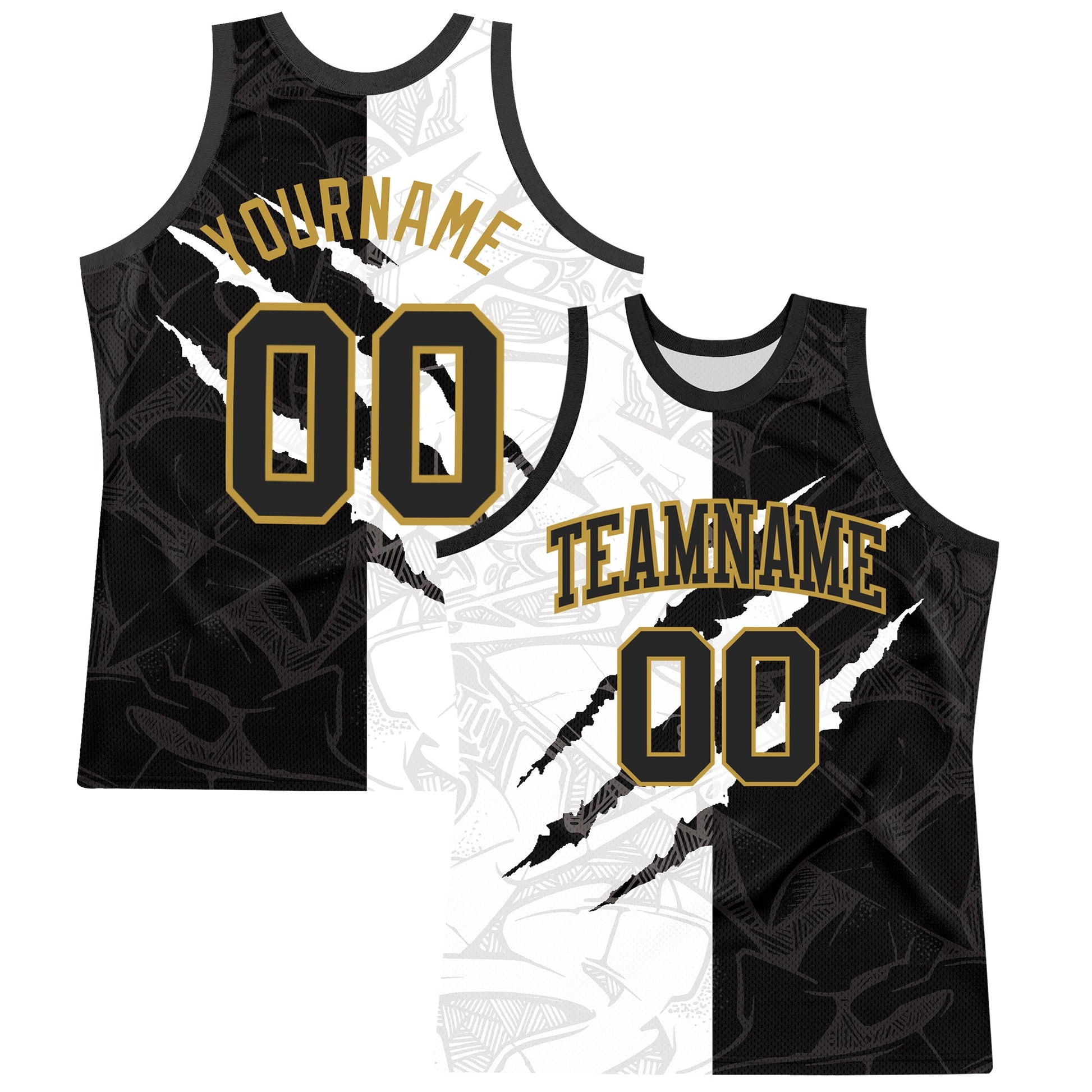 Custom Graffiti Pattern Black Old Gold-White Scratch Round Neck Sublimation Basketball Suit Jersey - Sky-Custom