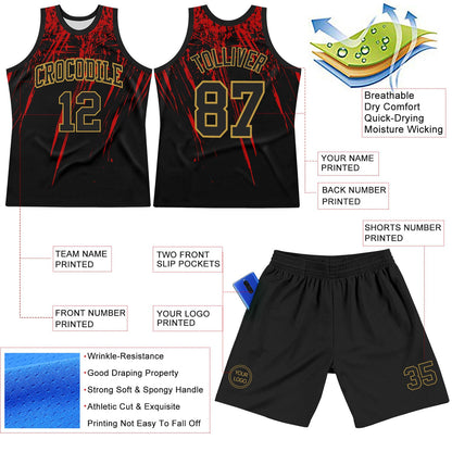 Custom Black Red-Old Gold Splash Round Neck Sublimation Basketball Suit Jersey - Sky-Custom