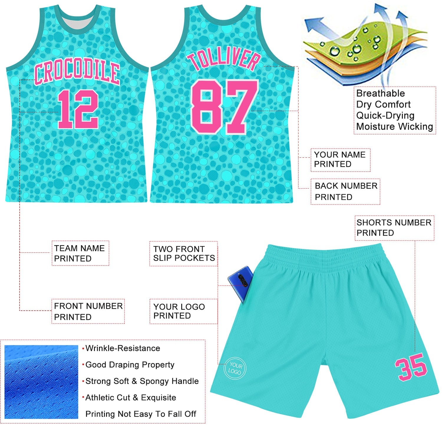 Custom Aqua Pink-White Leopard Print Round Neck Sublimation Basketball Suit Jersey - Sky-Custom