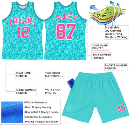 Custom Aqua Pink-White Leopard Print Round Neck Sublimation Basketball Suit Jersey - Sky-Custom