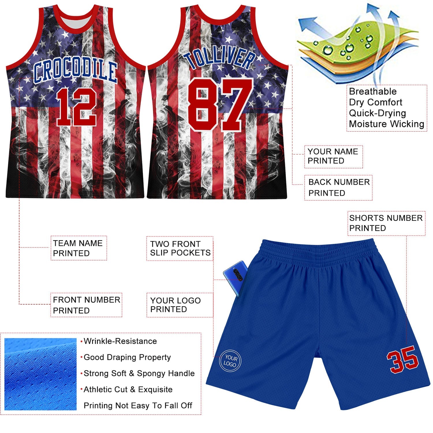 Custom White Red-Royal American Flag Round Neck Sublimation Basketball Suit Jersey - Sky-Custom