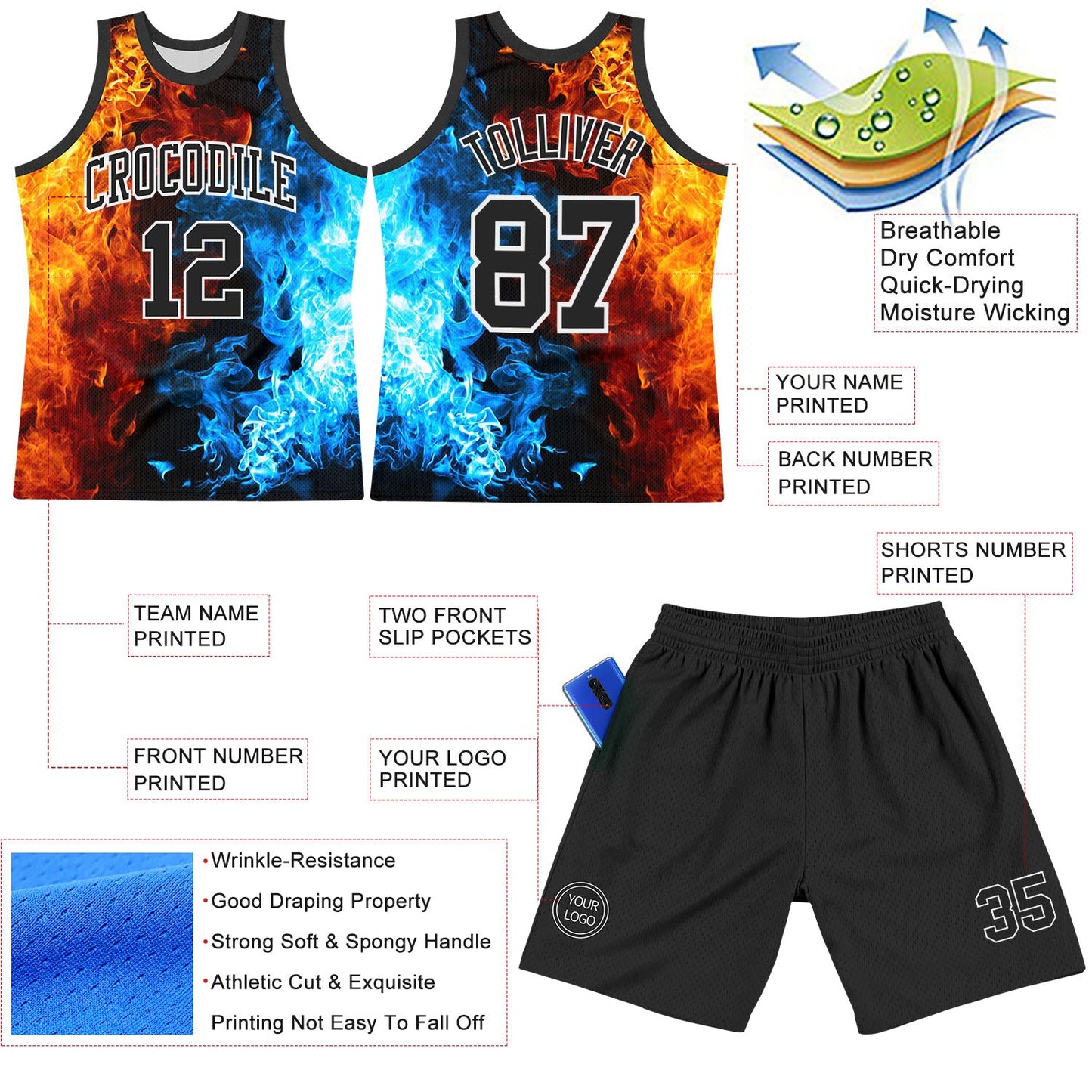 Custom Figure Black-White Flame Round Neck Sublimation Basketball Suit Jersey - Sky-Custom