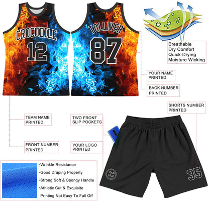 Custom Figure Black-White Flame Round Neck Sublimation Basketball Suit Jersey - Sky-Custom