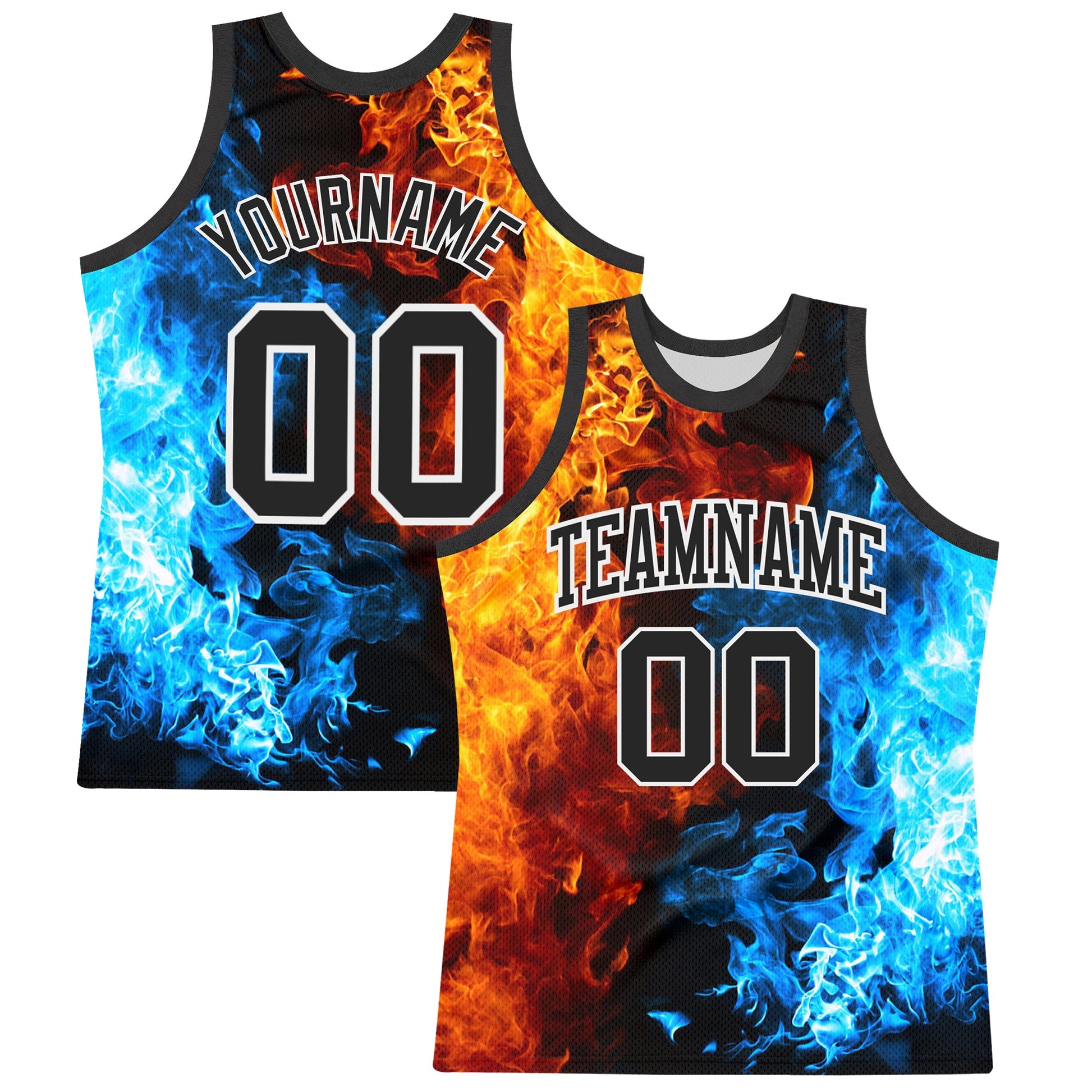 Custom Figure Black-White Flame Round Neck Sublimation Basketball Suit Jersey - Sky-Custom