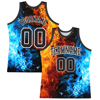 Custom Figure Black-White Flame Round Neck Sublimation Basketball Suit Jersey - Sky-Custom