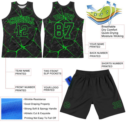 Custom Black Neon Green Abstract Network Round Neck Sublimation Basketball Suit Jersey - Sky-Custom