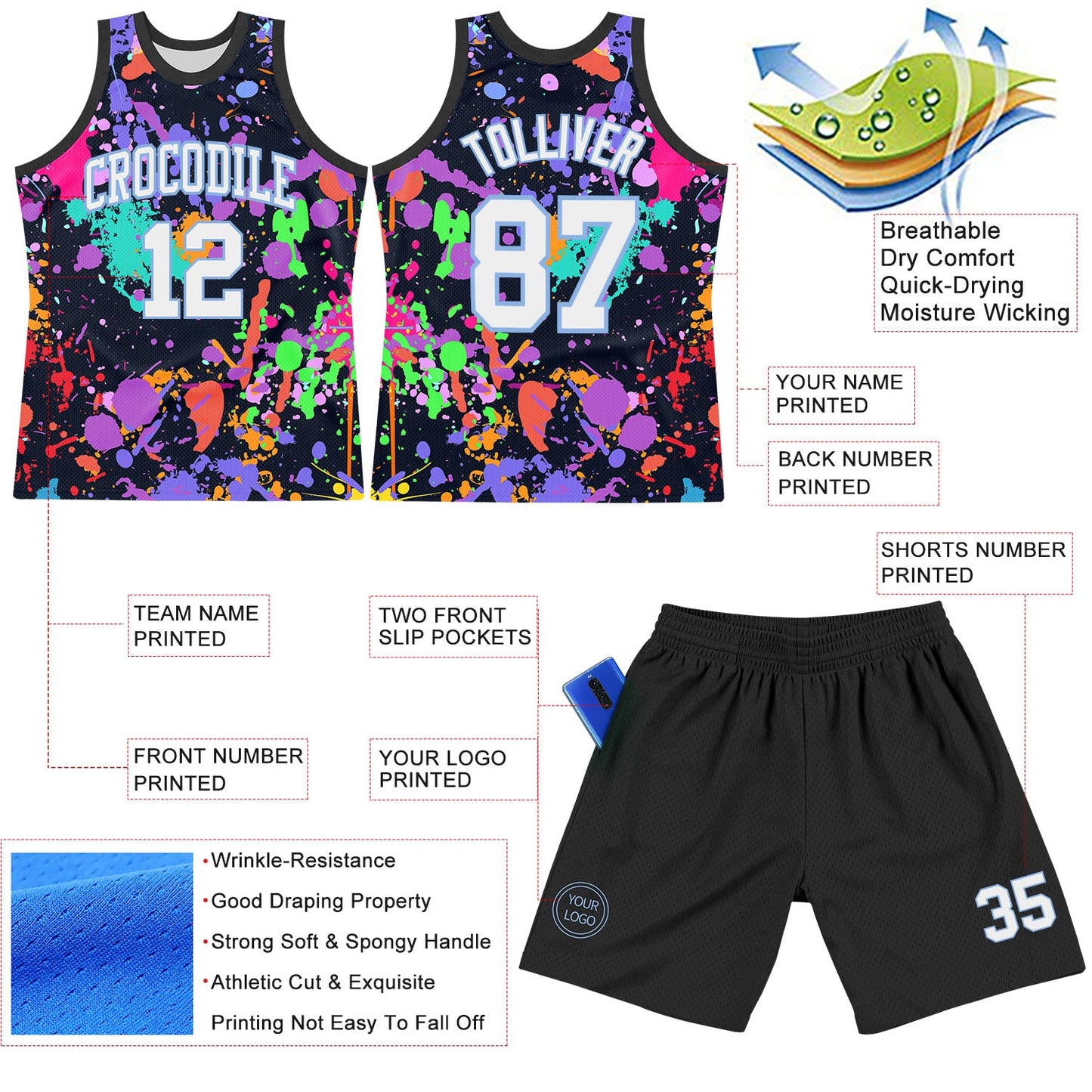 Custom Graffiti Pattern White Light Blue-Black Splash Round Neck Sublimation Basketball Suit Jersey - Sky-Custom