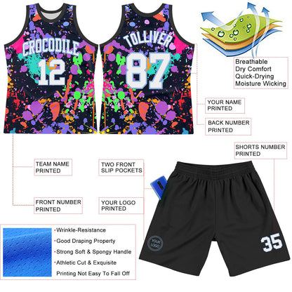 Custom Graffiti Pattern White Light Blue-Black Splash Round Neck Sublimation Basketball Suit Jersey - Sky-Custom