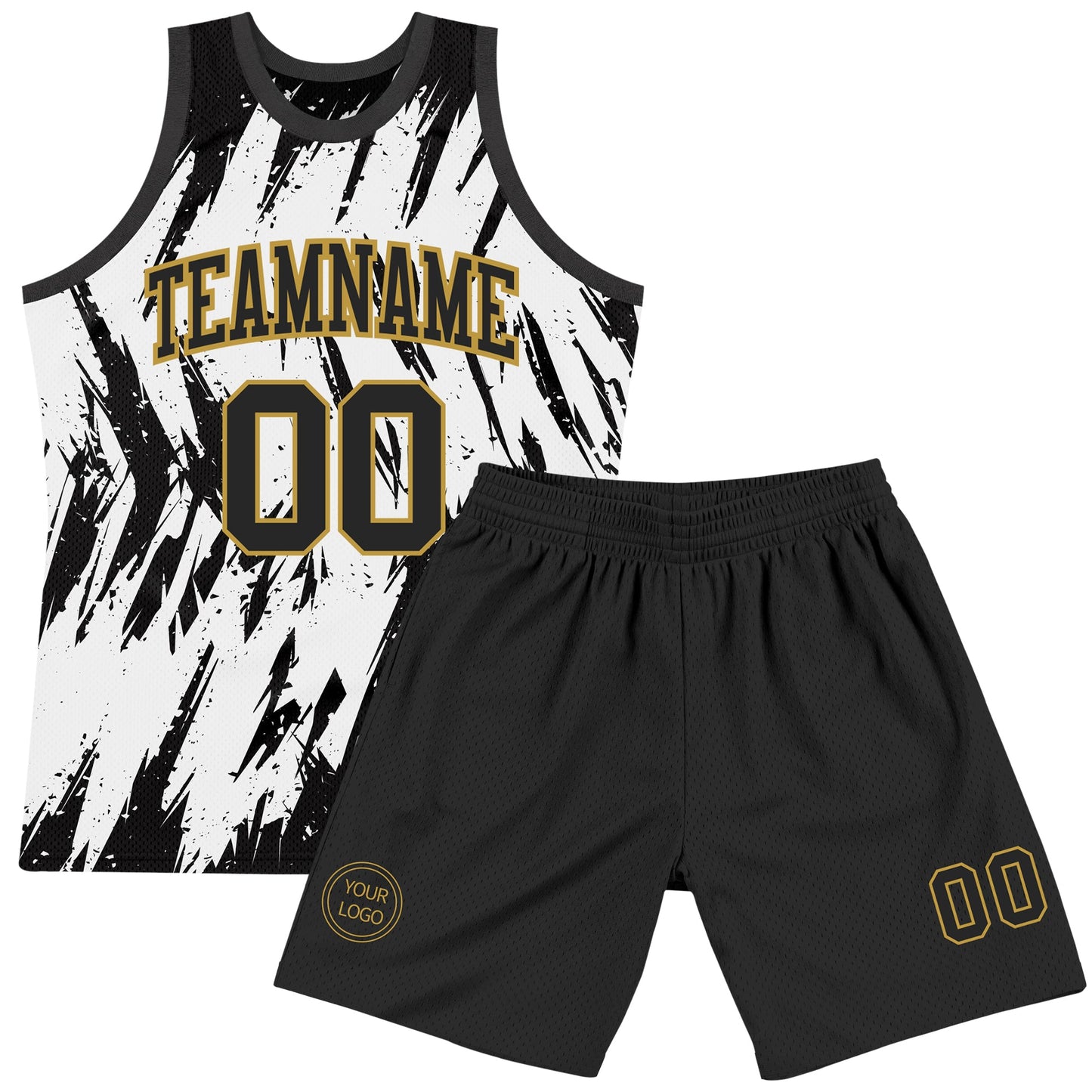 Custom White Black-Old Gold Abstract Sharp Shape Fragment Art Round Neck Sublimation Basketball Suit Jersey - Sky-Custom