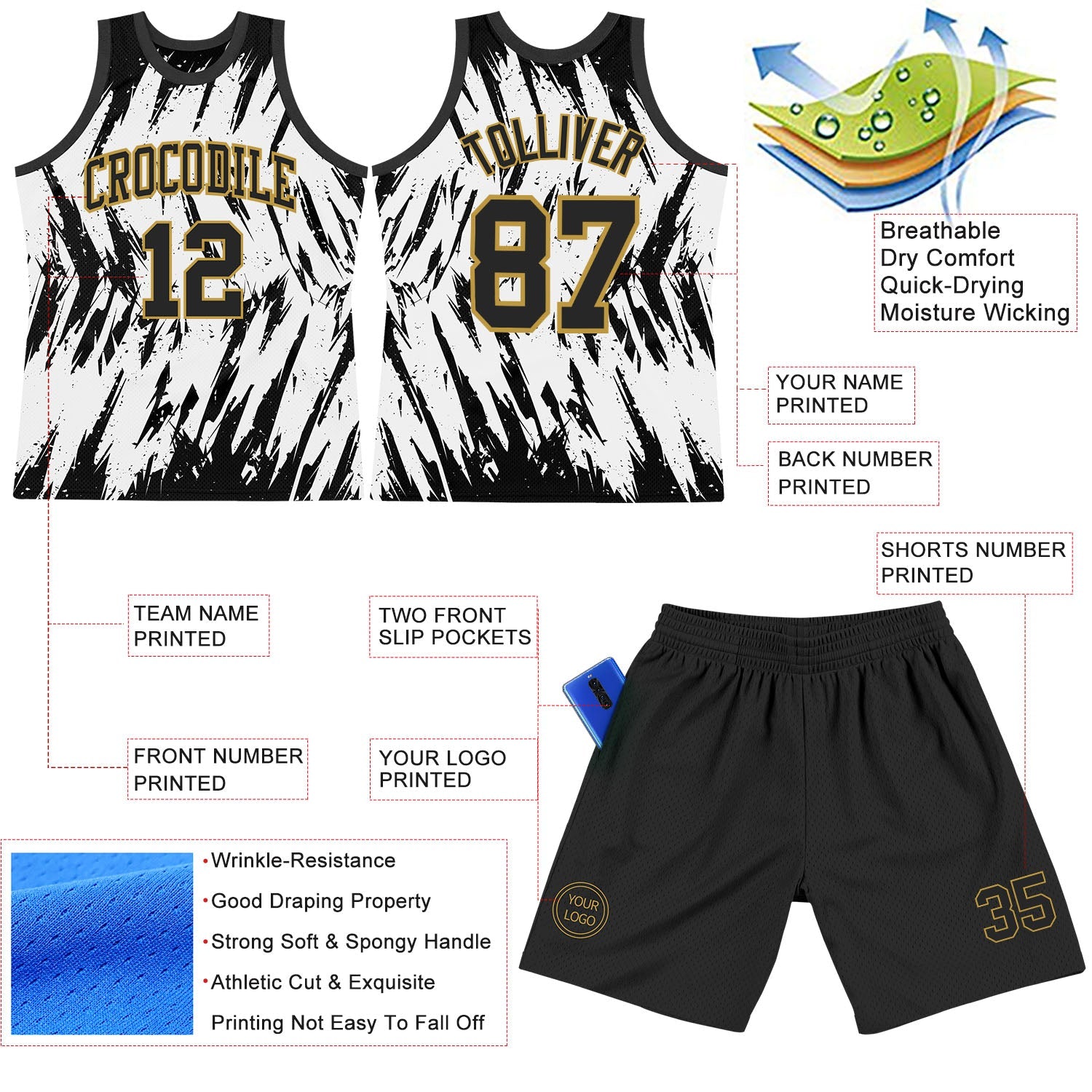 Custom White Black-Old Gold Abstract Sharp Shape Fragment Art Round Neck Sublimation Basketball Suit Jersey - Sky-Custom
