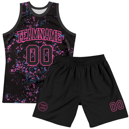 Custom Black Pink Fragment Art Round Neck Sublimation Basketball Suit Jersey - Sky-Custom