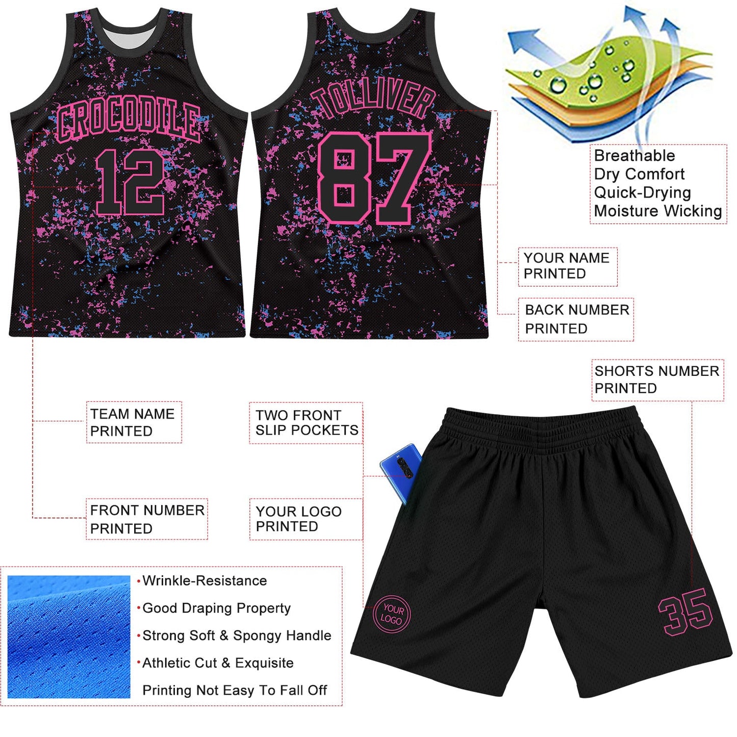Custom Black Pink Fragment Art Round Neck Sublimation Basketball Suit Jersey - Sky-Custom