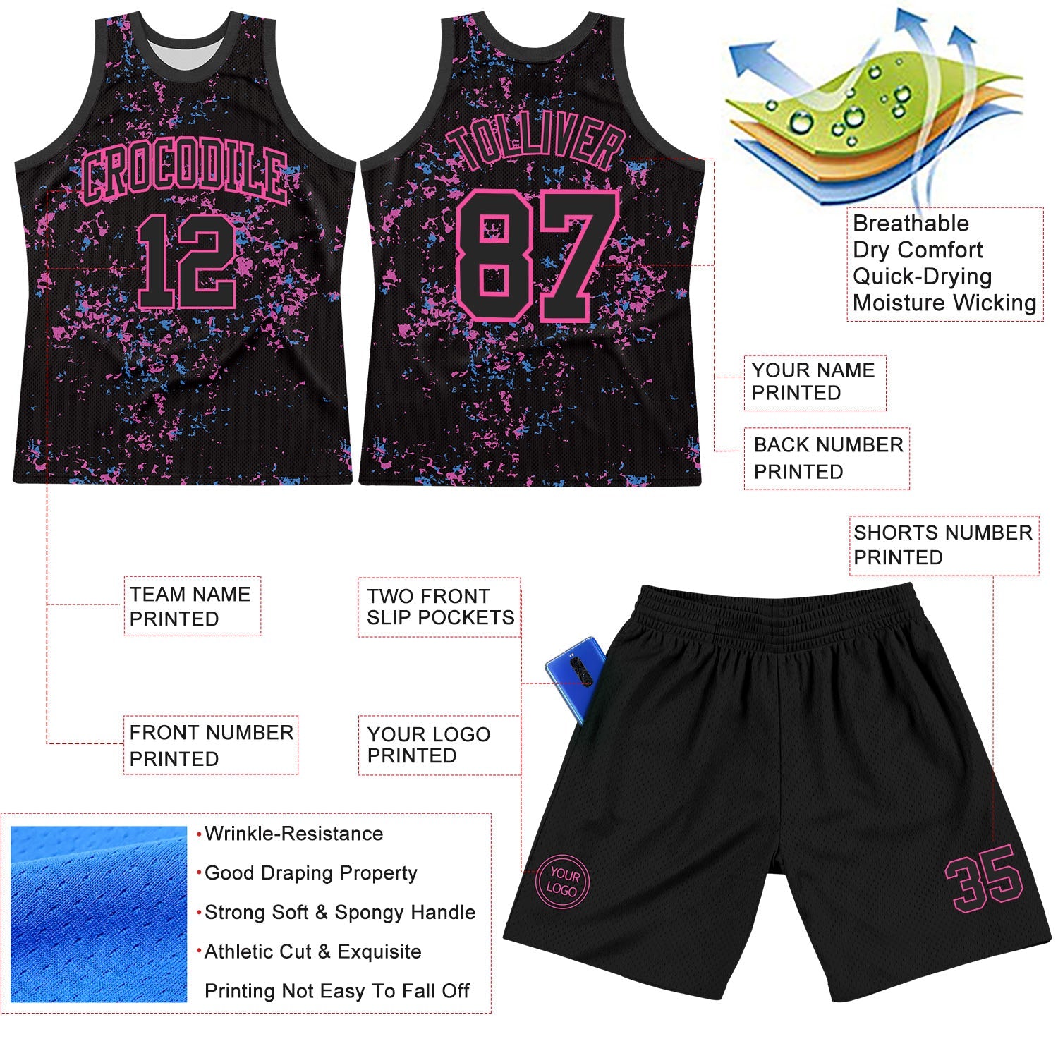 Custom Black Pink Fragment Art Round Neck Sublimation Basketball Suit Jersey - Sky-Custom