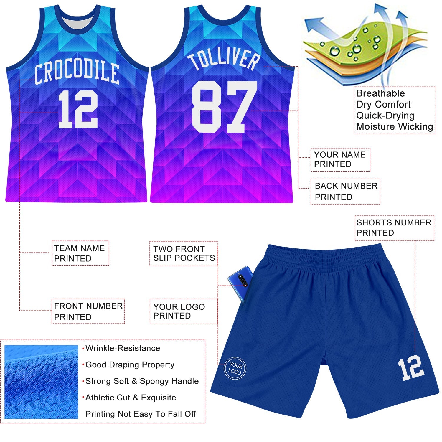 Custom Royal White-Hot Pink Gradient Geometric Shape Round Neck Sublimation Basketball Suit Jersey - Sky-Custom