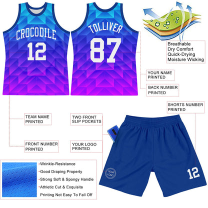 Custom Royal White-Hot Pink Gradient Geometric Shape Round Neck Sublimation Basketball Suit Jersey - Sky-Custom