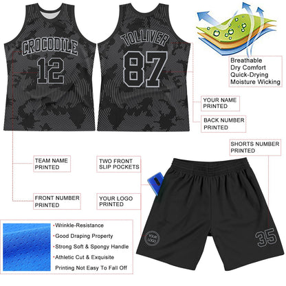 Custom Black Gray Curve Lines Round Neck Sublimation Basketball Suit Jersey - Sky-Custom