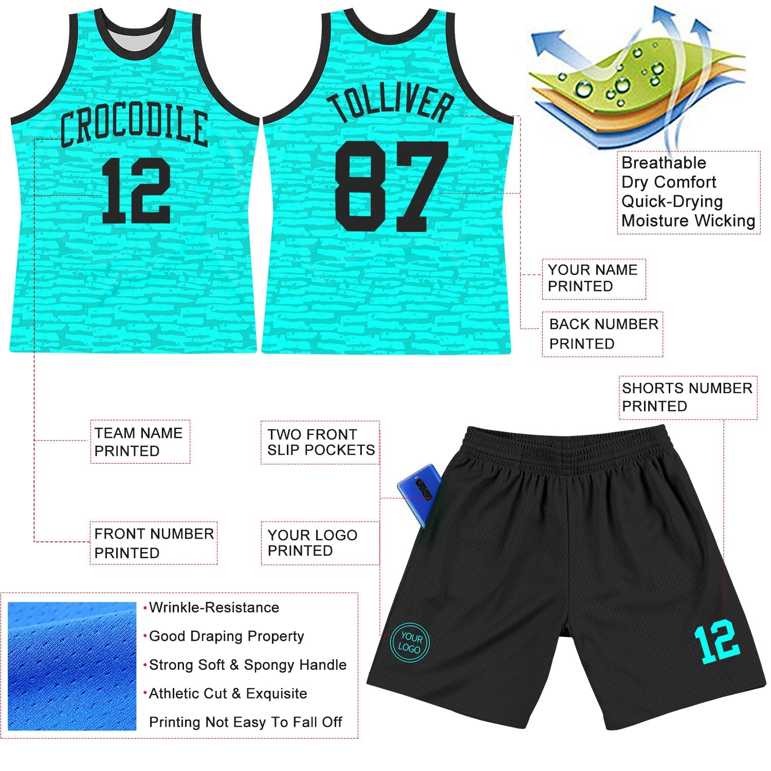 Custom Aqua Black Fragment Art Round Neck Sublimation Basketball Suit Jersey - Sky-Custom