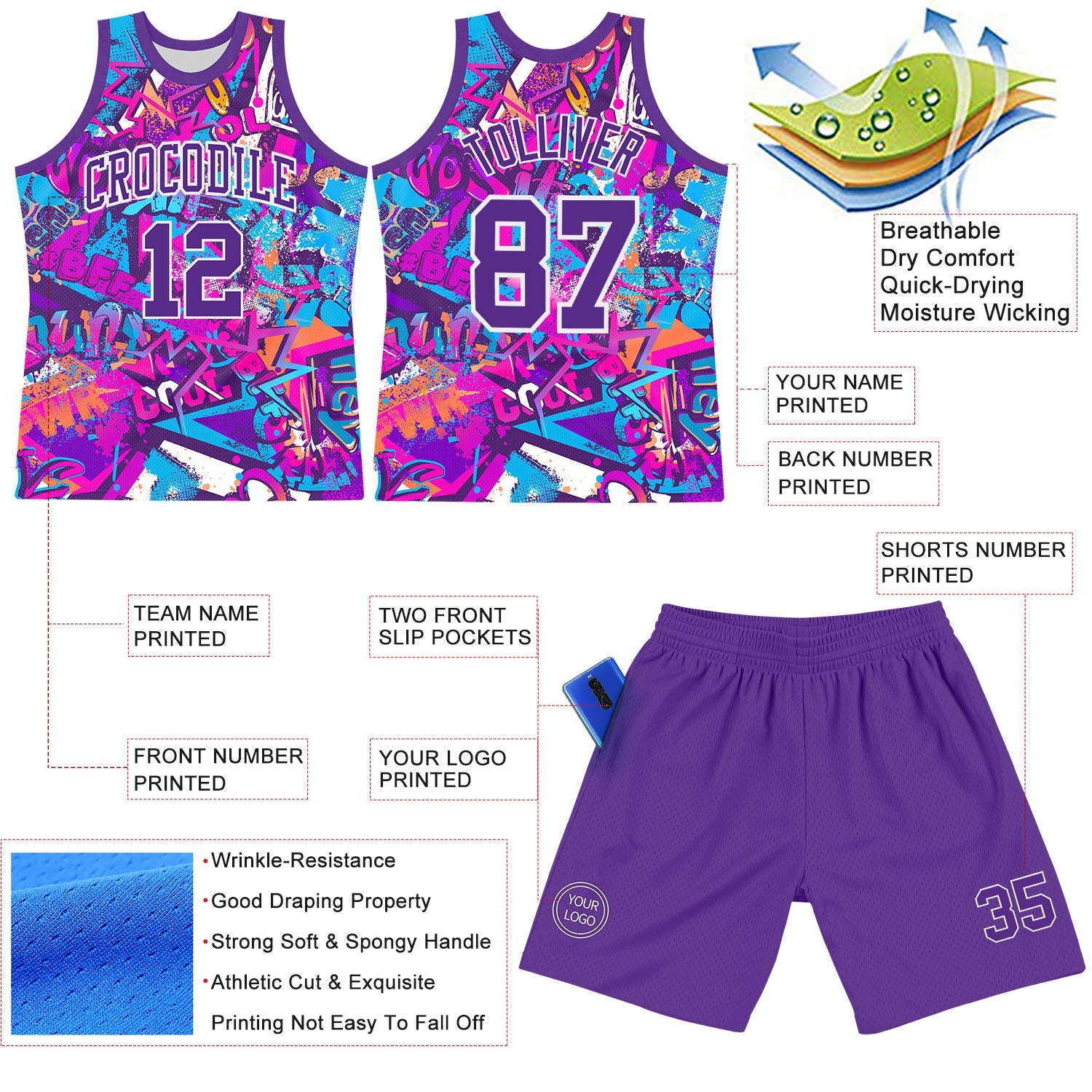 Custom Graffiti Pattern Purple-White Splash Round Neck Sublimation Basketball Suit Jersey - Sky-Custom