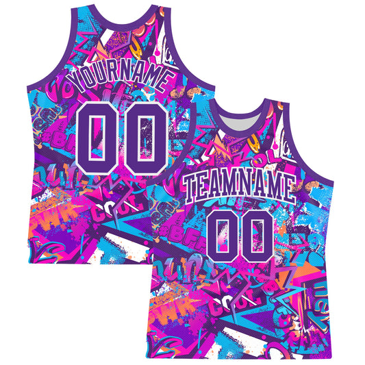 Custom Graffiti Pattern Purple-White Splash Round Neck Sublimation Basketball Suit Jersey - Sky-Custom