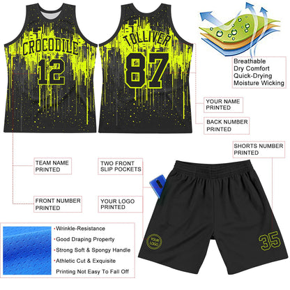 Custom Black Neon Green Dripping Splatter Art Round Neck Sublimation Basketball Suit Jersey - Sky-Custom
