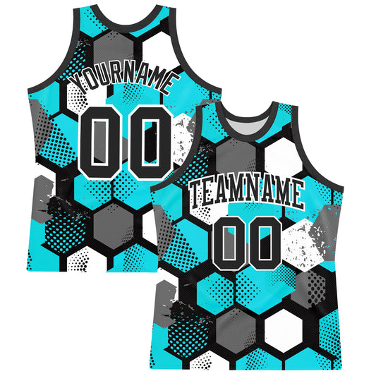 Custom Aqua Black-White Geometric Shape Round Neck Sublimation Basketball Suit Jersey - Sky-Custom