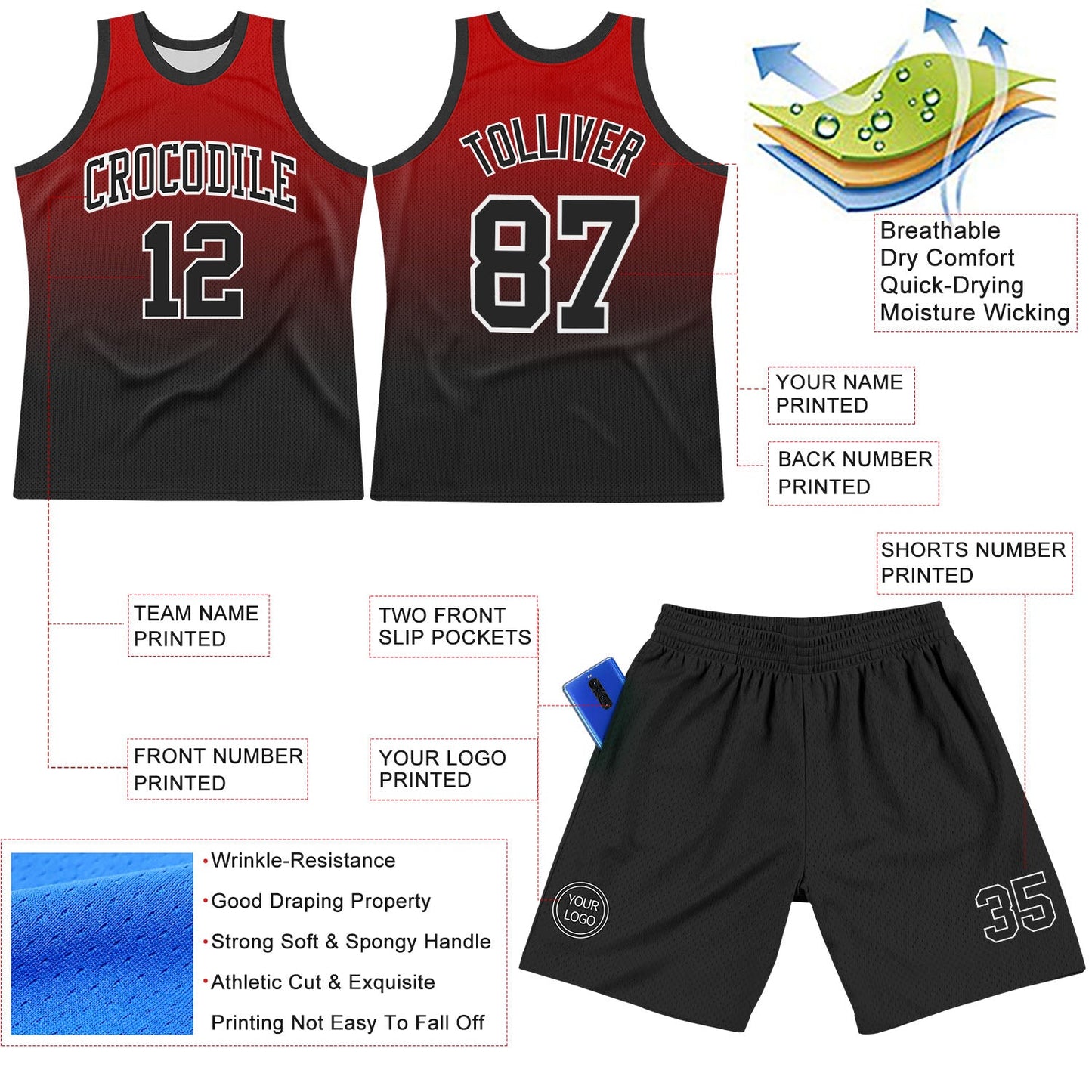 Custom Red Black-White Fade Fashion Round Neck Sublimation Basketball Suit Jersey - Sky-Custom