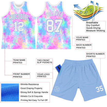 Custom Tie Dye White-Light Blue Round Neck Sublimation Basketball Suit Jersey - Sky-Custom