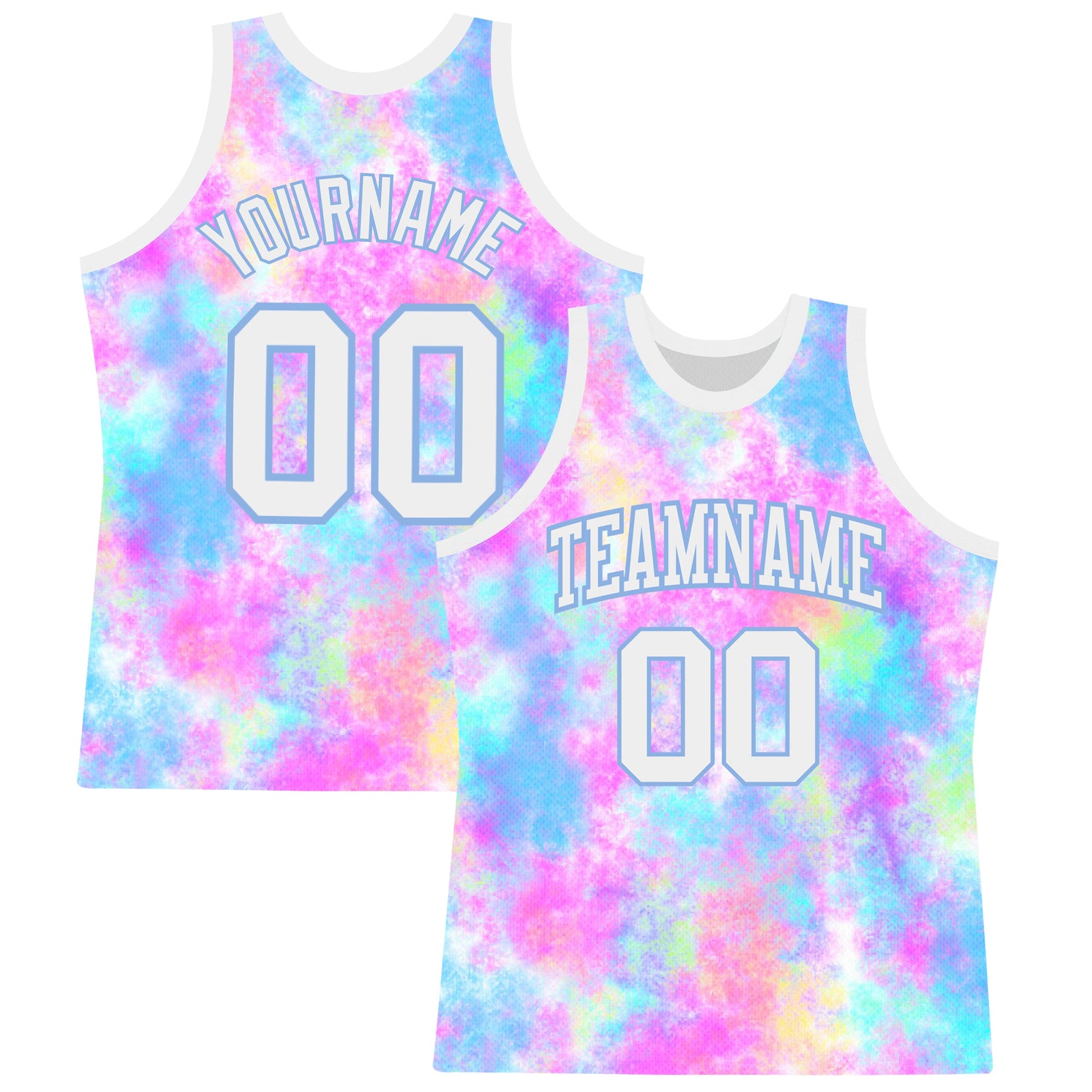 Custom Tie Dye White-Light Blue Round Neck Sublimation Basketball Suit Jersey - Sky-Custom