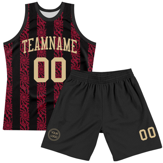 Custom Black Vegas Gold-Red Abstract Shape Round Neck Sublimation Basketball Suit Jersey - Sky-Custom