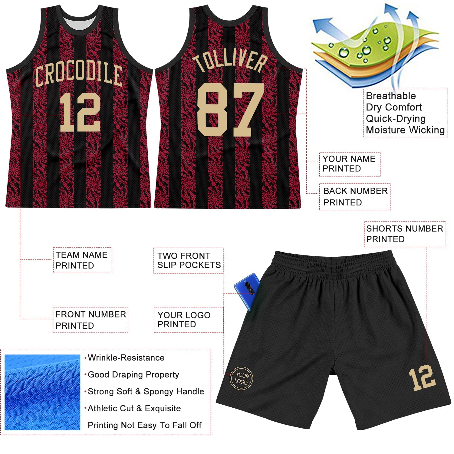 Custom Black Vegas Gold-Red Abstract Shape Round Neck Sublimation Basketball Suit Jersey - Sky-Custom