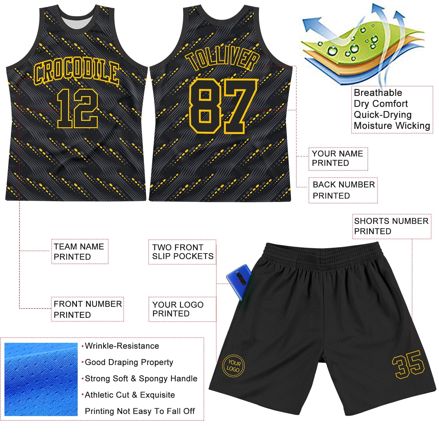Custom Black Yellow Slant Lines Round Neck Sublimation Basketball Suit Jersey - Sky-Custom