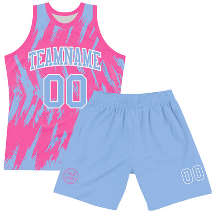 Custom Pink Light Blue-White Abstract Sharp Shape Fragment Art Round Neck Sublimation Basketball Suit Jersey - Sky-Custom
