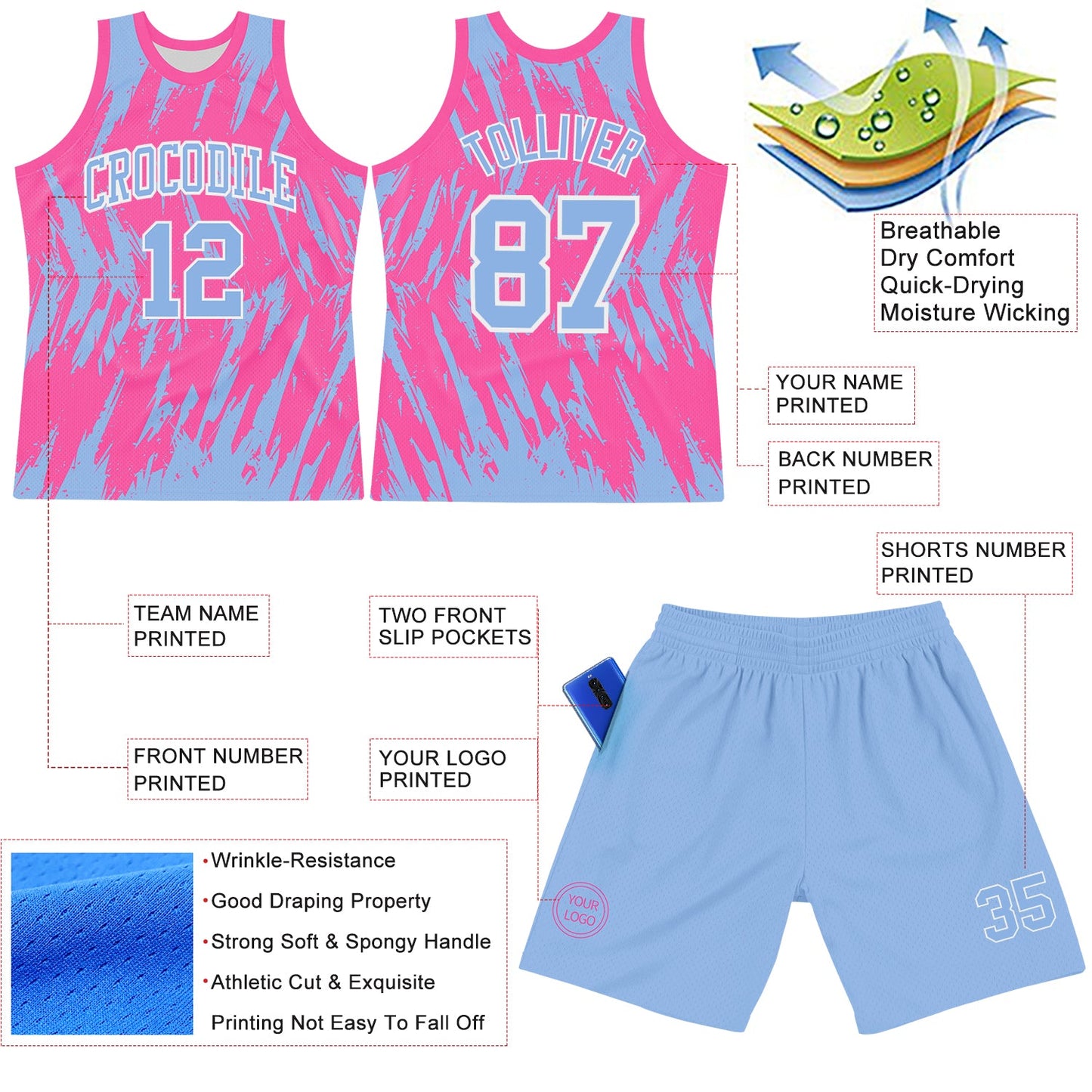 Custom Pink Light Blue-White Abstract Sharp Shape Fragment Art Round Neck Sublimation Basketball Suit Jersey - Sky-Custom