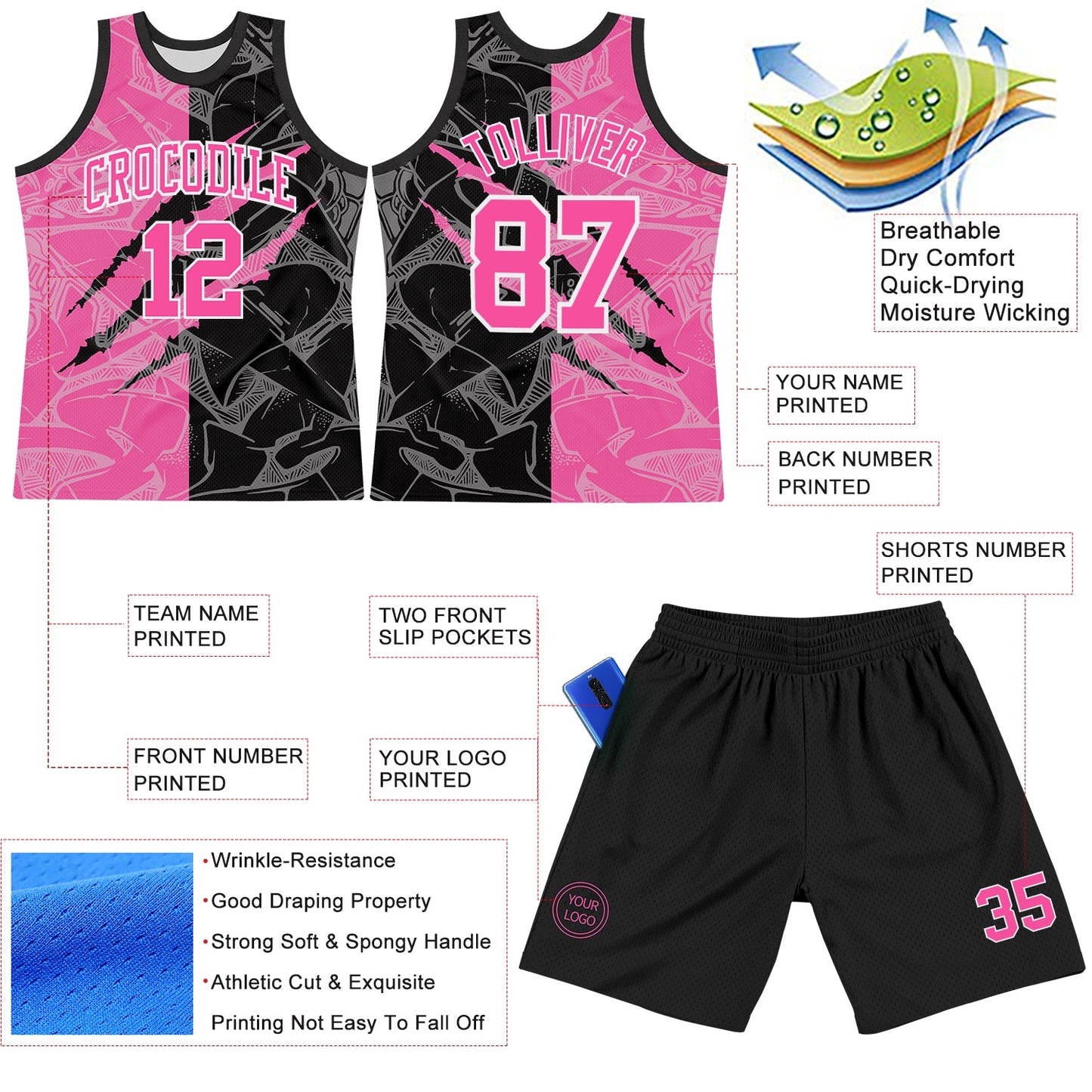 Custom Graffiti Pattern Pink Black-White Scratch Round Neck Sublimation Basketball Suit Jersey - Sky-Custom