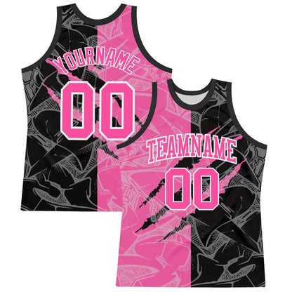 Custom Graffiti Pattern Pink Black-White Scratch Round Neck Sublimation Basketball Suit Jersey - Sky-Custom