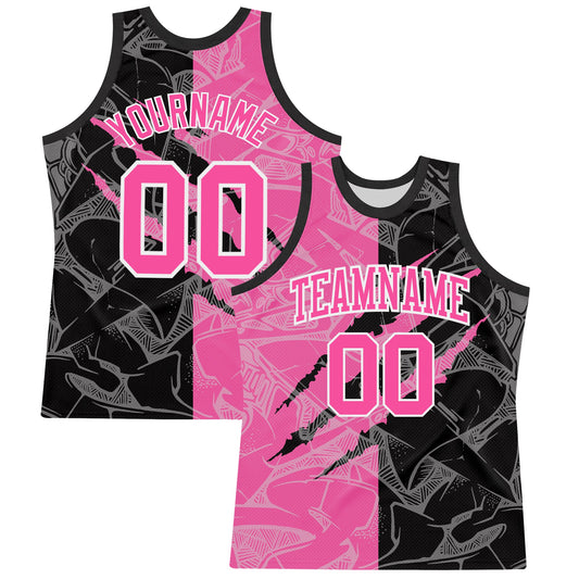 Custom Graffiti Pattern Pink Black-White Scratch Round Neck Sublimation Basketball Suit Jersey - Sky-Custom