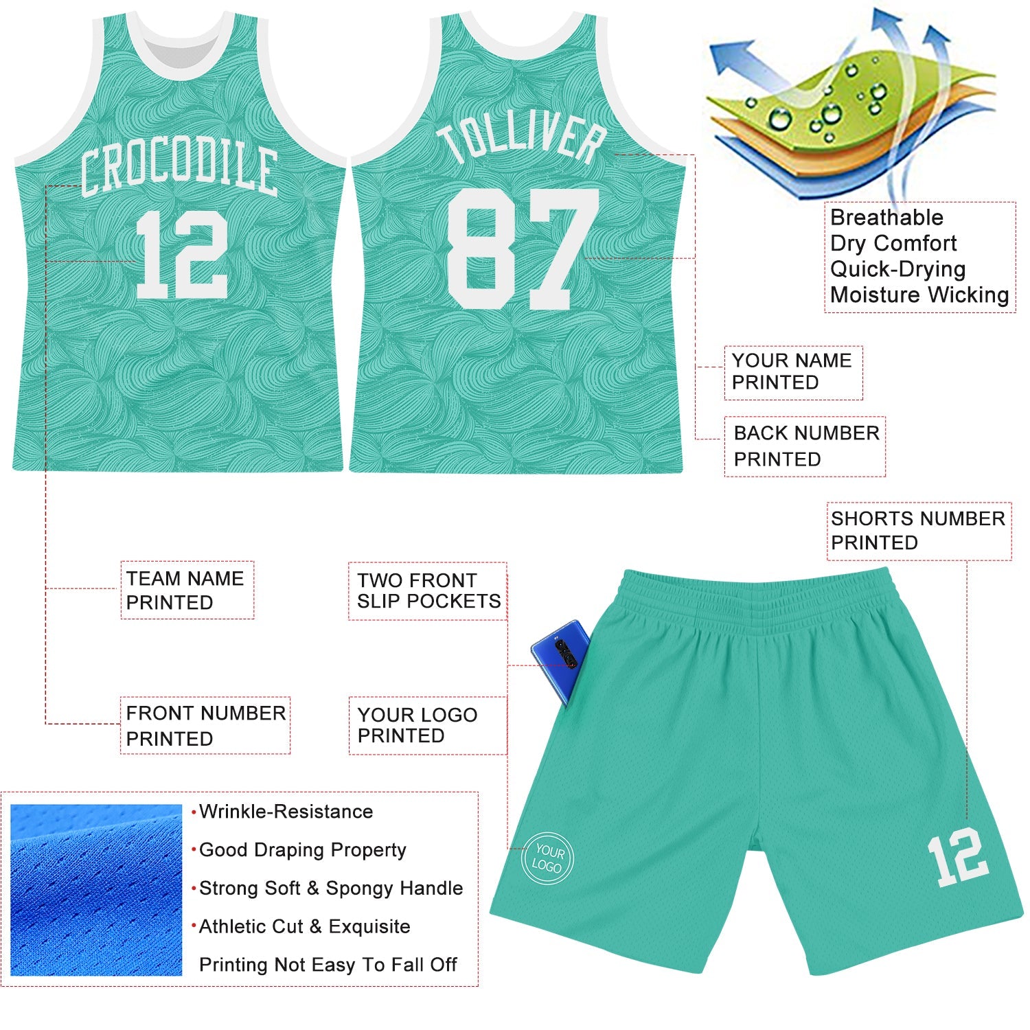 Custom Aqua White Fluid Art Round Neck Sublimation Basketball Suit Jersey - Sky-Custom