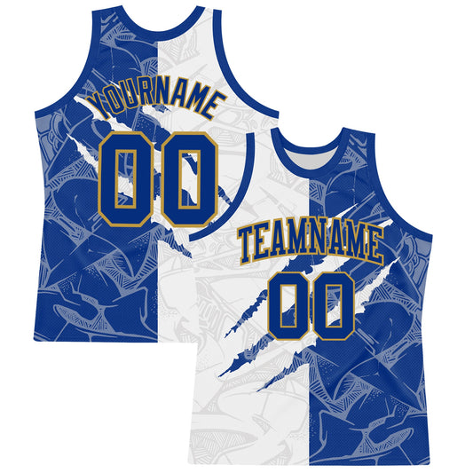 Custom Graffiti Pattern Royal White-Old Gold Scratch Round Neck Sublimation Basketball Suit Jersey - Sky-Custom