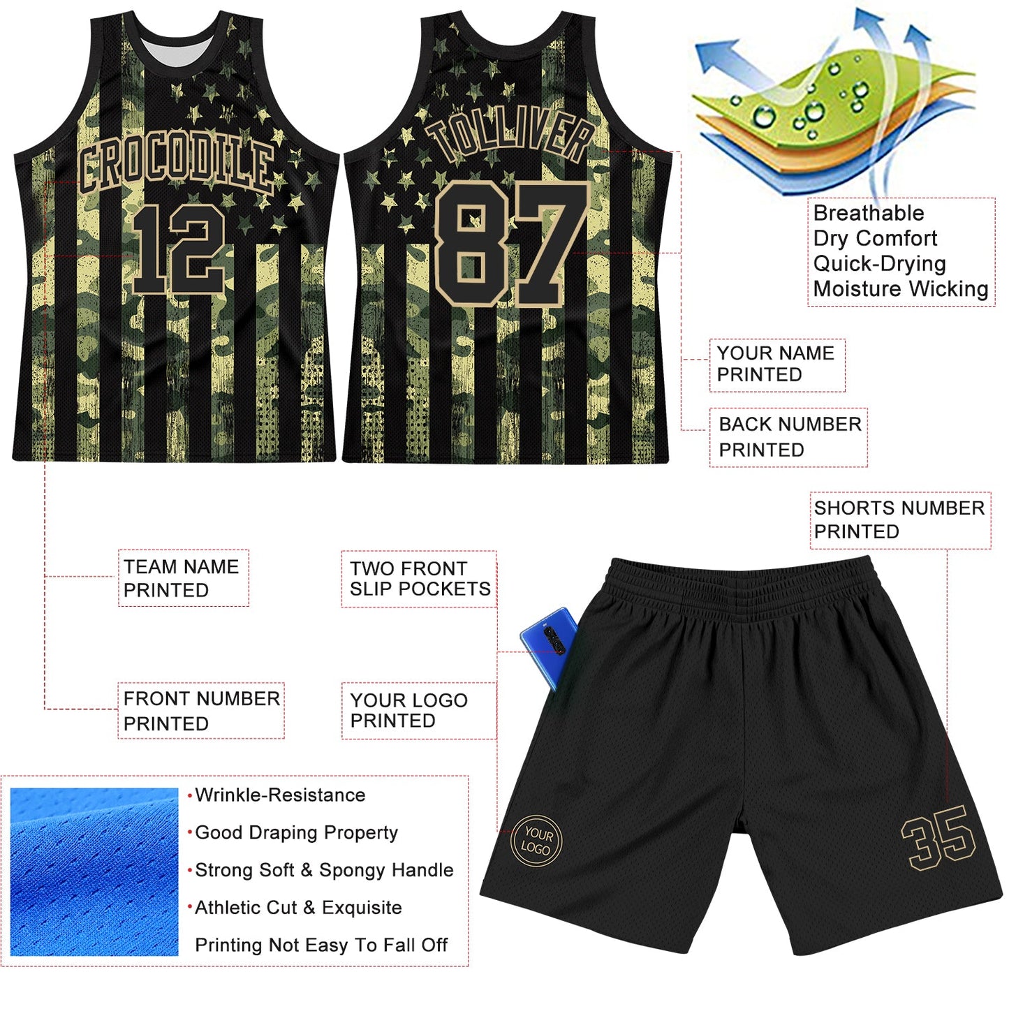 Custom Camo Black-Vegas Gold American Flag Round Neck Sublimation Salute To Service Basketball Suit Jersey - Sky-Custom